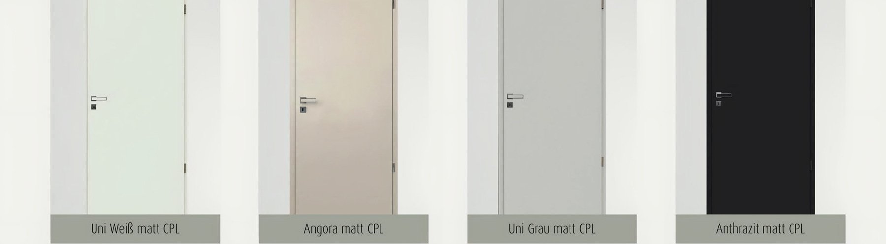 Uni Weiß matt, Angora matt, Uni Grau matt, Anthrazit matt