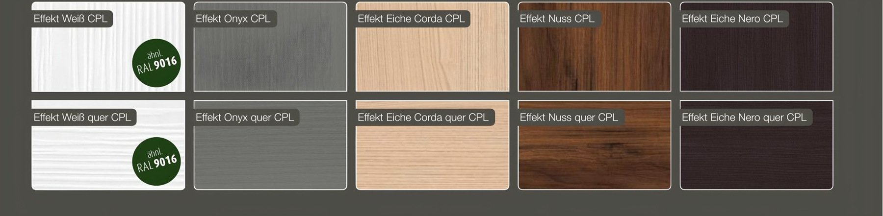 Effekt Weiß, Onyx, Eiche Corda, Nuss, Eiche Nero — aufrecht și quer
