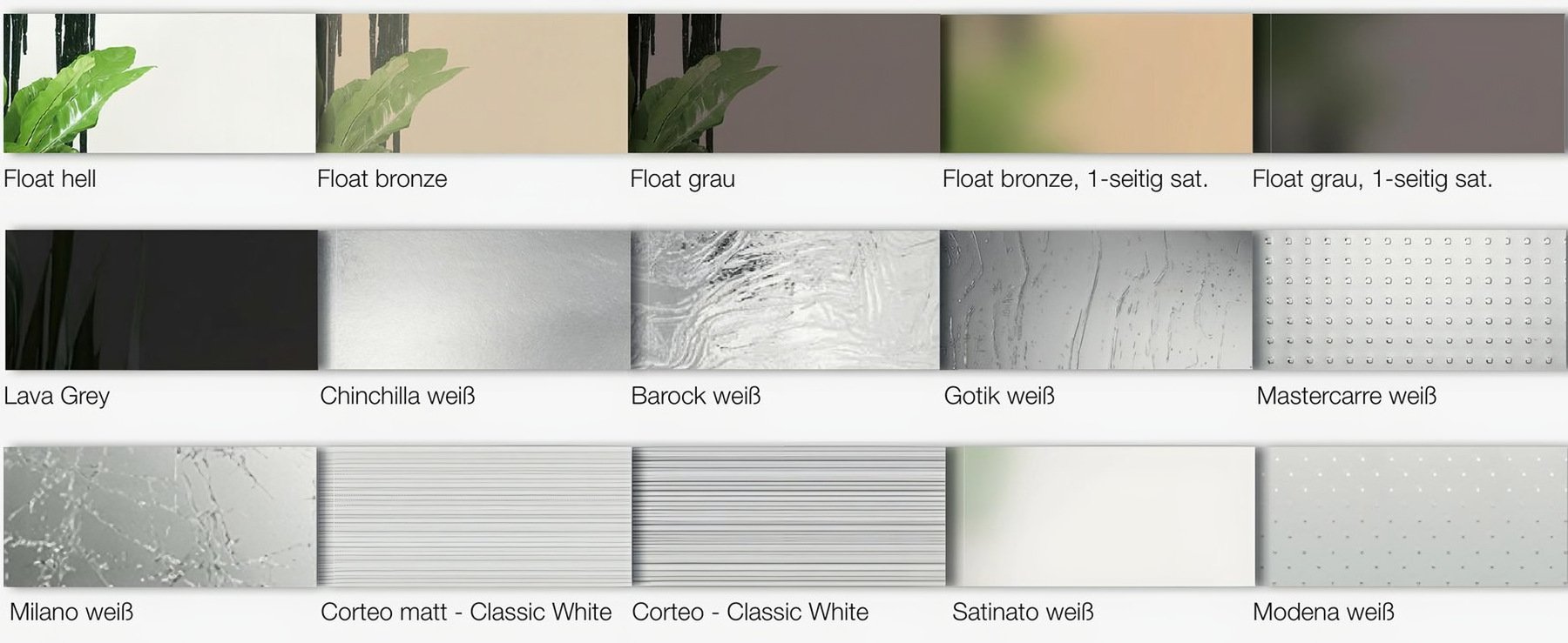 Tipuri de sticlă HGM: Float hell, bronze, grau, satinate, Chinchilla, Satinato, Mastercarre