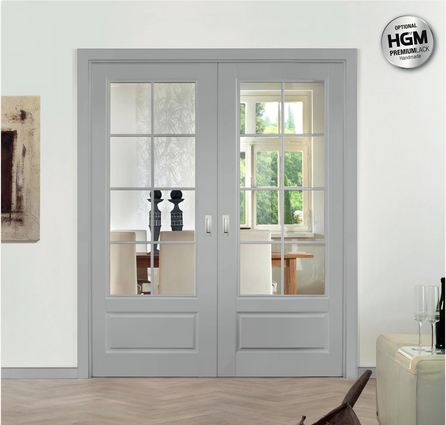 Park Lane Classic Typ 2220 cu Sprossenrahmen, 2-flg. Schiebetür in der Wand, Echtlack UM Seidengrau
