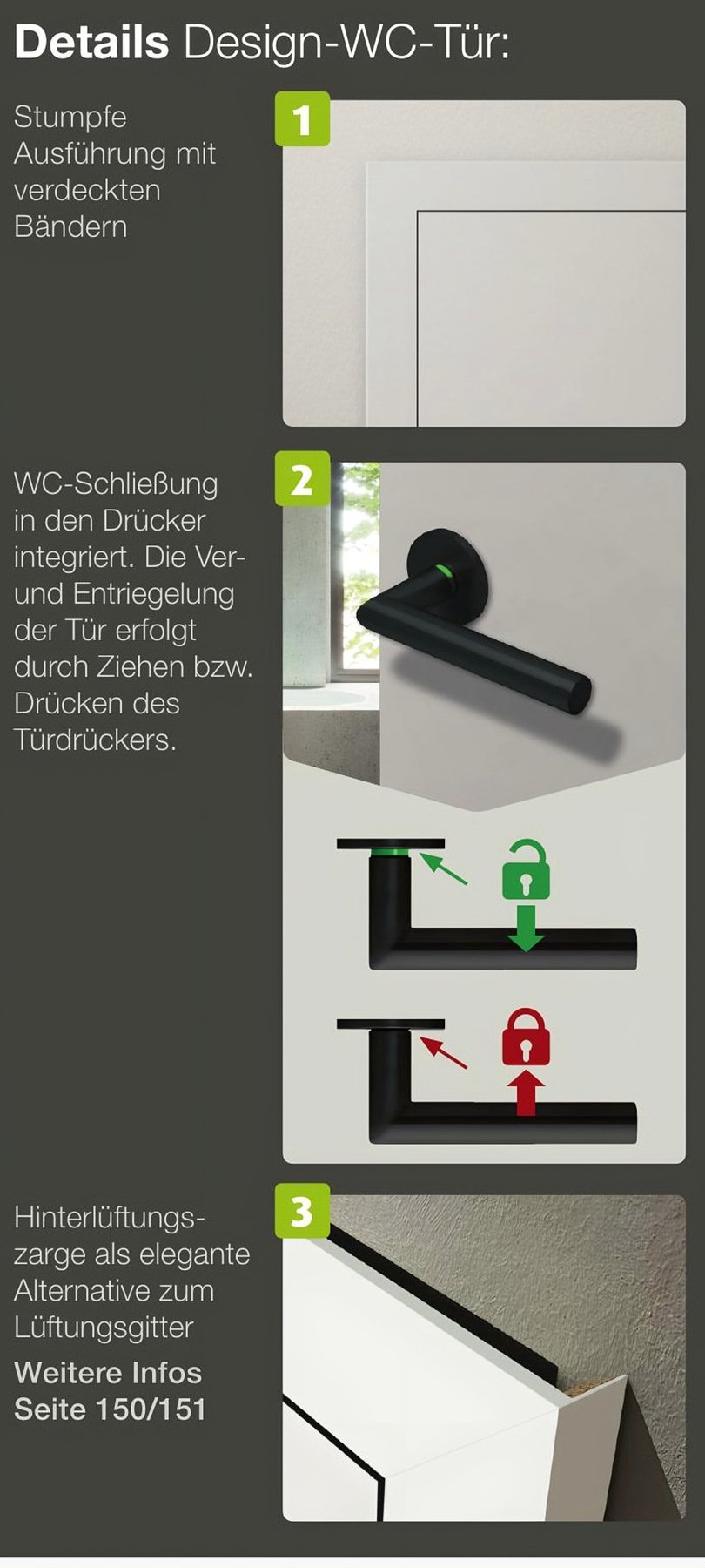 Details Design-WC-Tür: stumpf cu balamale ascunse, WC-Schließung în mâner, Hinterlüftungszarge