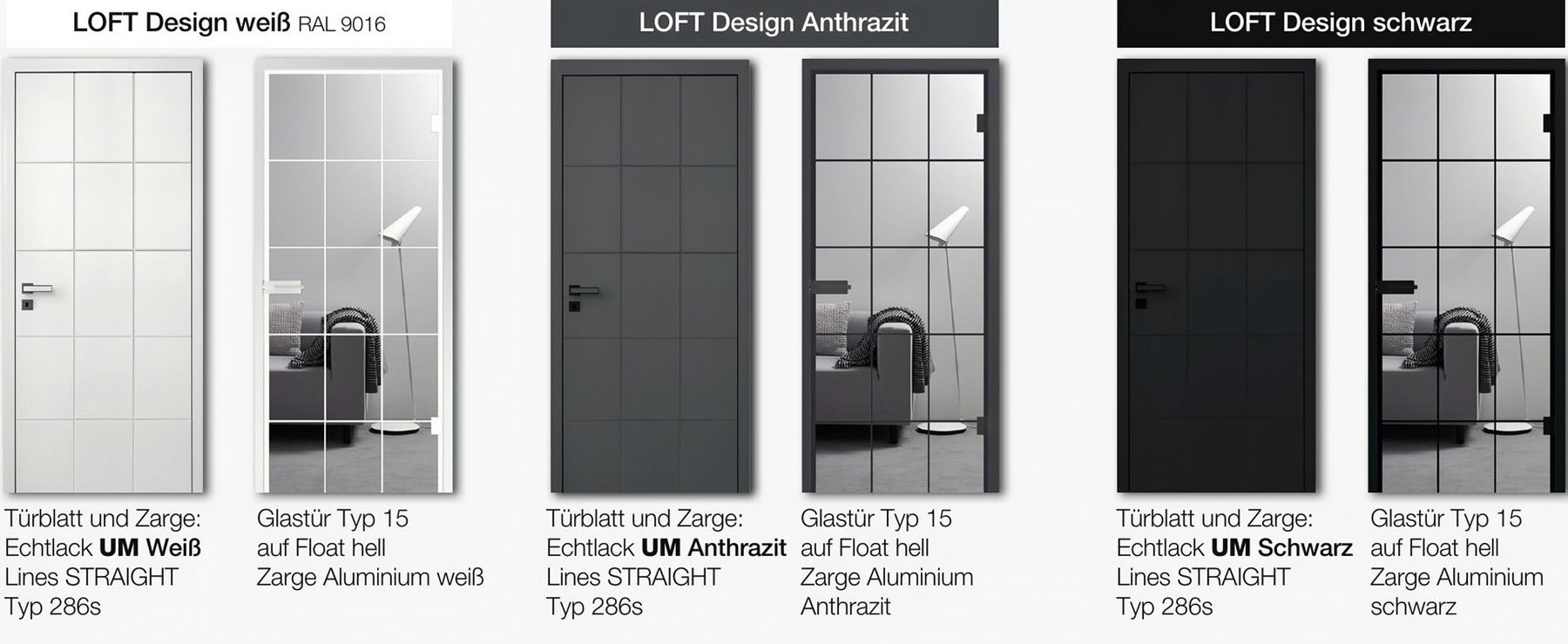LOFT Design weiß RAL 9016, Anthrazit, schwarz: Lines STRAIGHT 286s + linesPlus Typ 15 + Zarge Aluminium