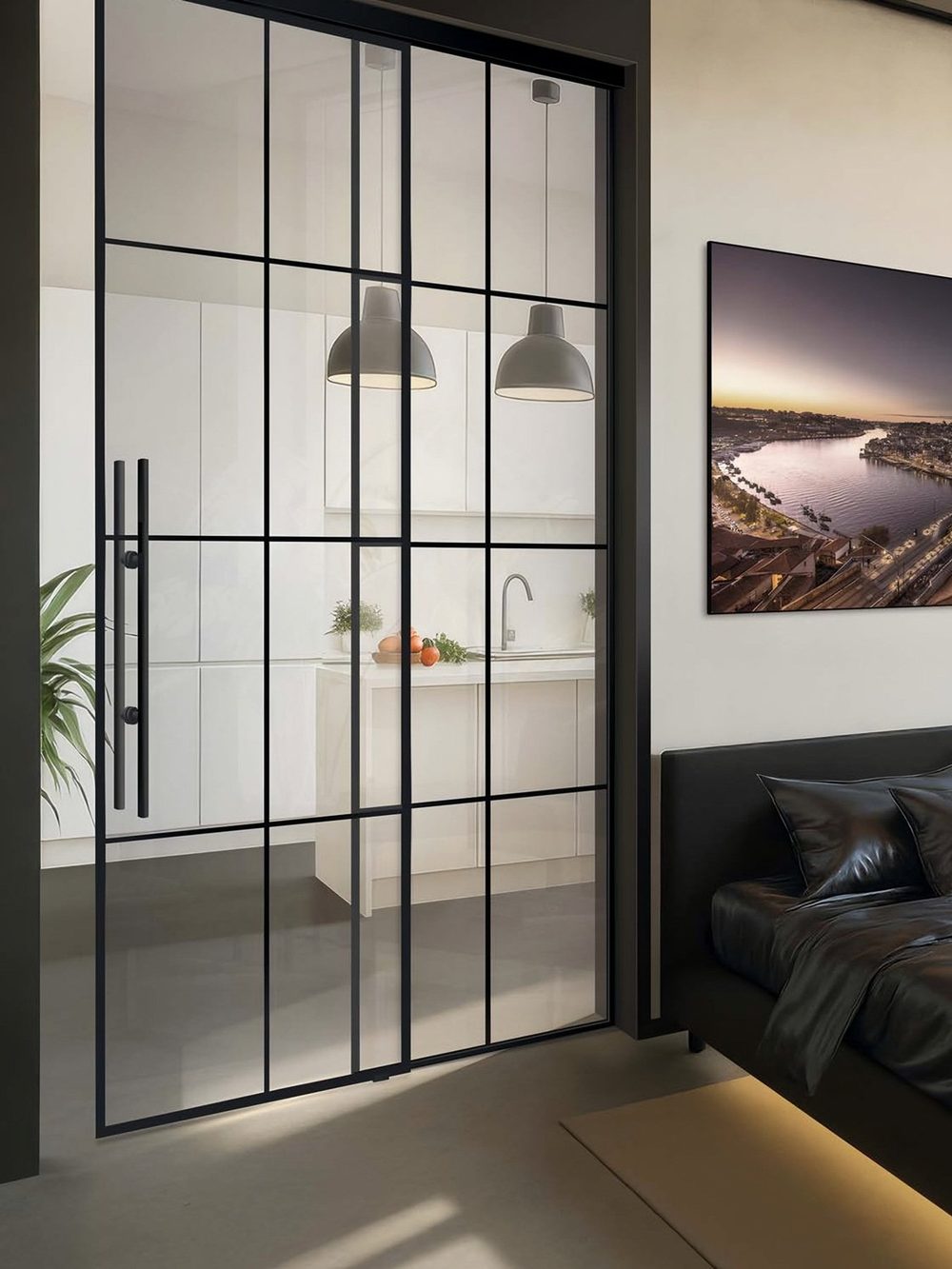 Usa de sticla linesPlus Typ 8, glisantă + 1 panou lateral, Klarglas, negru — UILHSSLN01