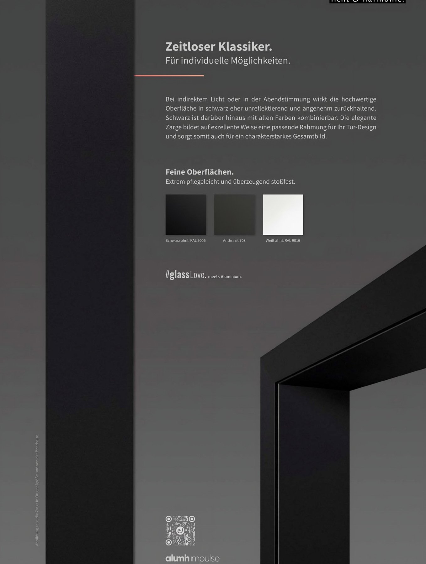 Aluminiumzarge alumin impulse: Schwarz 9005, Anthrazit 703, Weiß 9016 — la mărime naturală